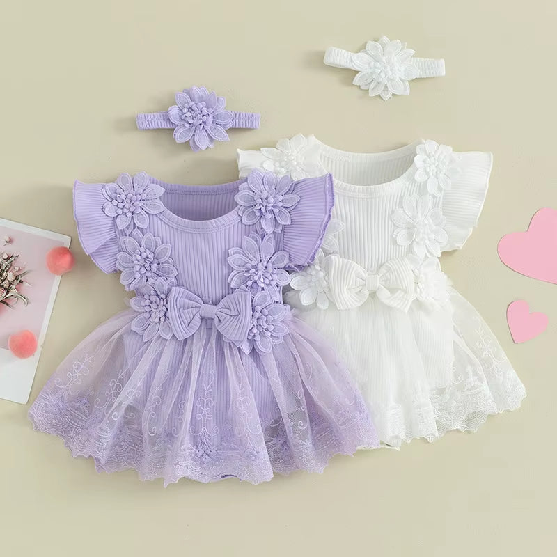 Newborn Baby Girls Rompers Dress Mesh Baby Girl Clothes Lace Patchwork Ruffle Jumpsuits 2Pc Outfits Sunsuit Baby Clothing