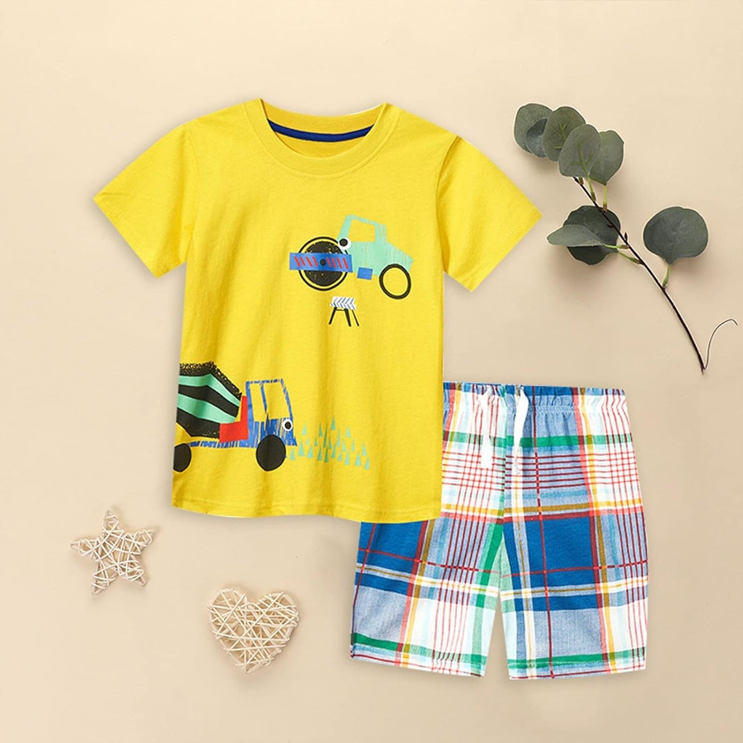Cute Children Clothes Set 1 to 7 Years Summer Boy'S Short Sleeve Shorts Car Pattern Two Piece (Yellow, 4-5 Years)