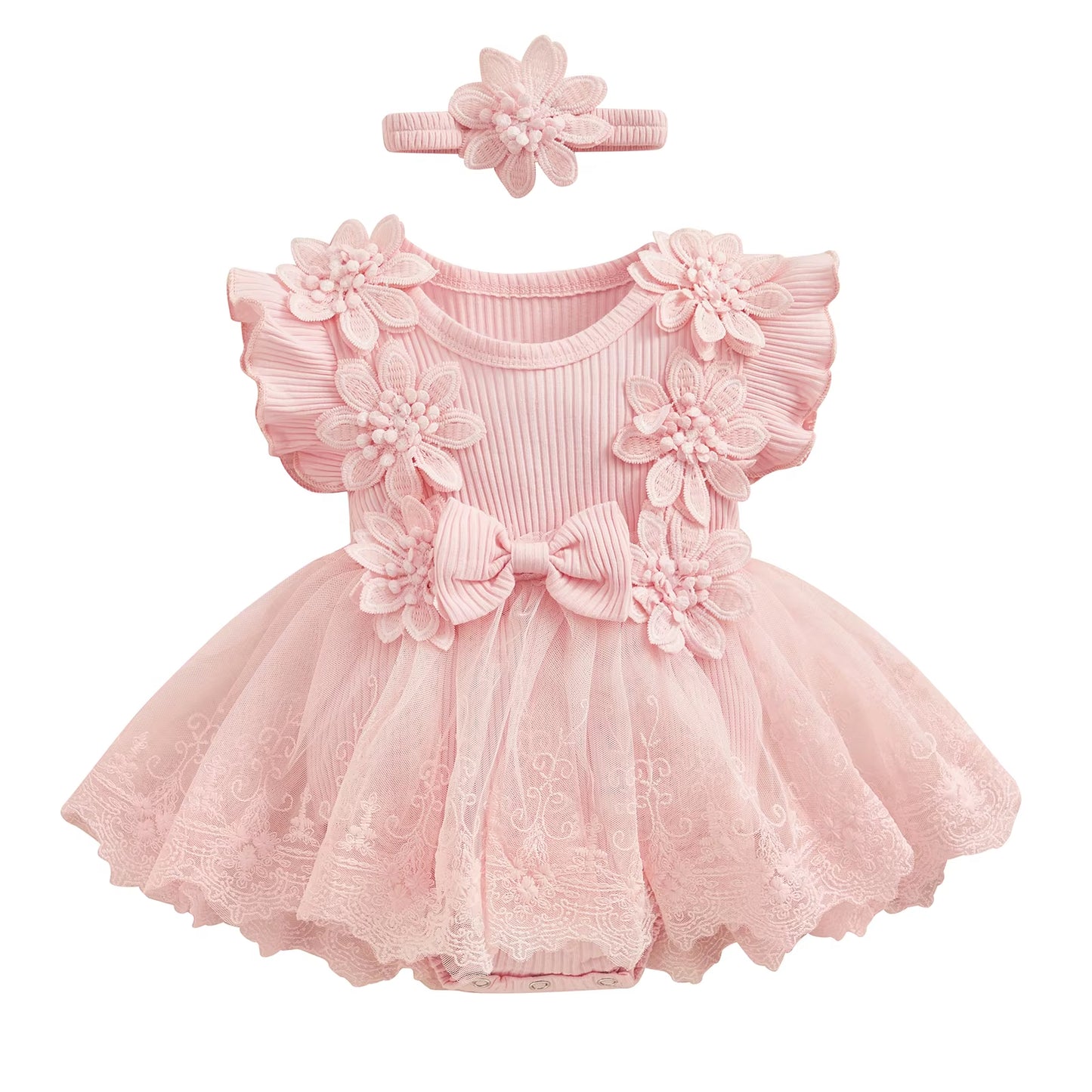 Baby Girl 2 Piece Outfits Mesh Lace Patchwork Ruffle Romper Dress and Headband Cute Fashion Summer Clothes
