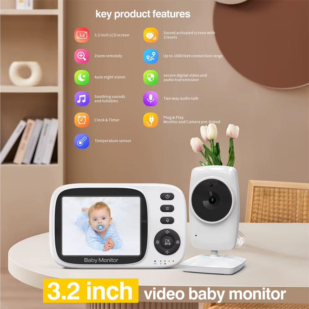 Video Baby Monitor 2.4G Wireless with 3.2 Inches LCD Two Way Audio Talk Night Vision Surveillance Security Camera Babyphone