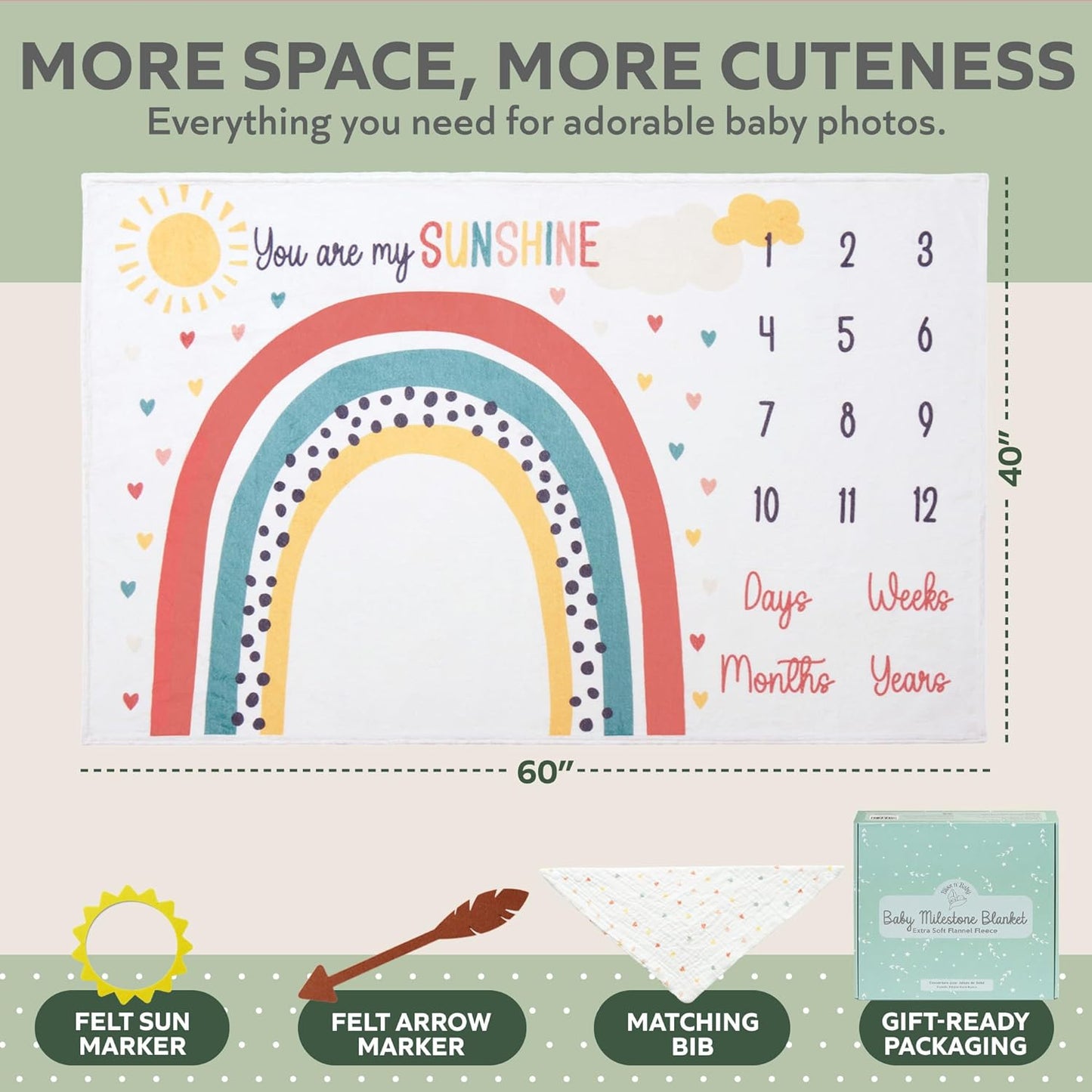 Monthly Milestone Blanket for Baby Girl - 60"X40" - Wrinkle Free Newborn Age Month Blanket with Growth Chart - Washable & Dryable - W/Frames & Cotton Bib - Boho Theme