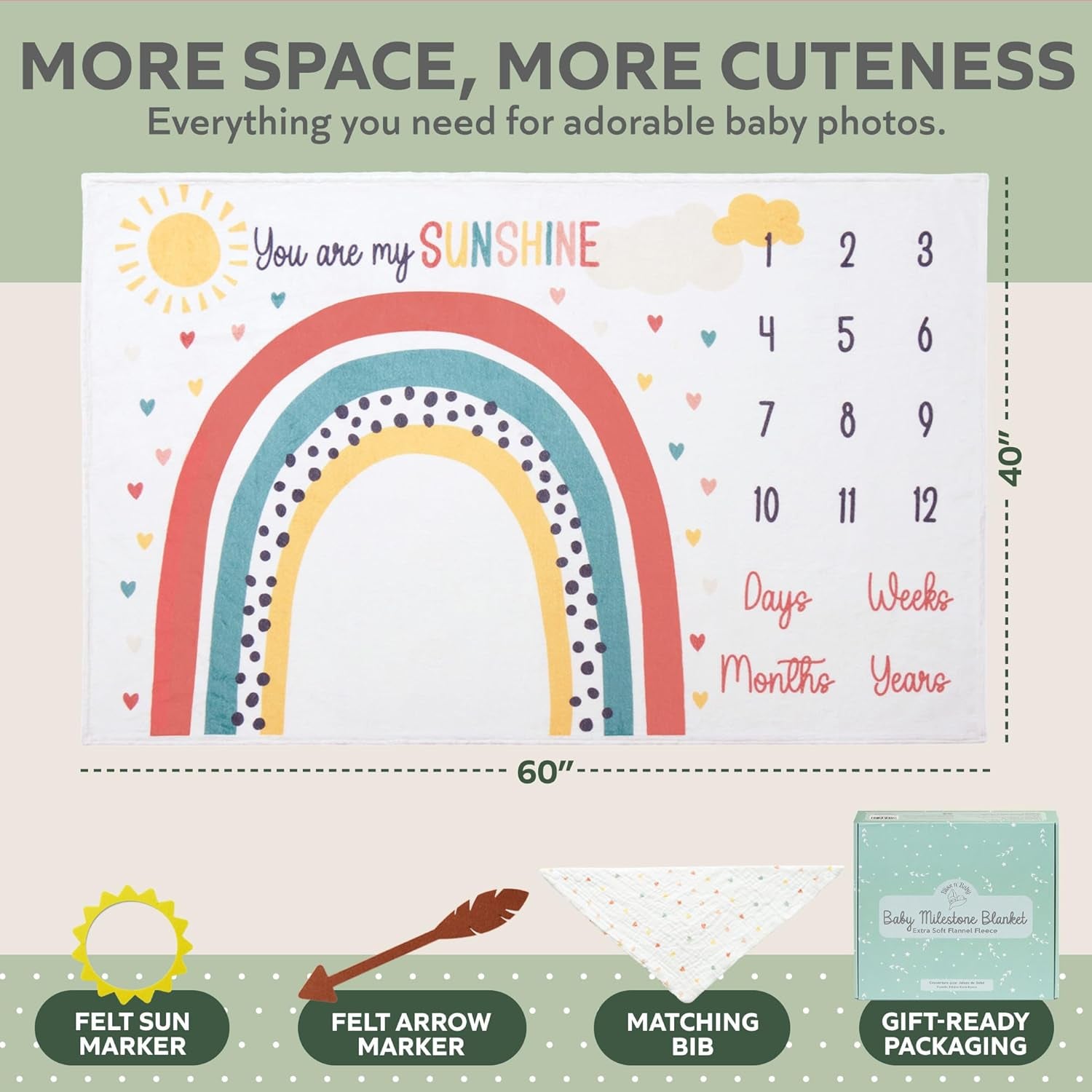 Monthly Milestone Blanket for Baby Girl - 60"X40" - Wrinkle Free Newborn Age Month Blanket with Growth Chart - Washable & Dryable - W/Frames & Cotton Bib - Boho Theme