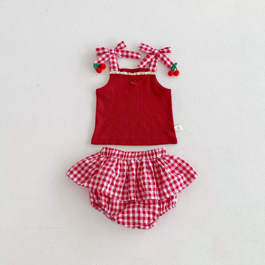 Summer Hot Selling Baby Kids Girls Sleeveless Plaid Pattern Top Vest and Bloomers Clothing Set-0